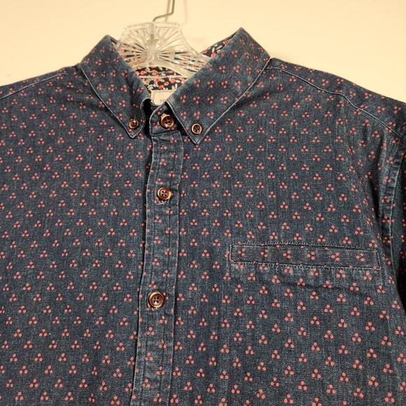 7 DIAMONDS Denim Stretch SS Button Down Mens M Navy Blue Red Geometric  Casual - Picture 7 of 10